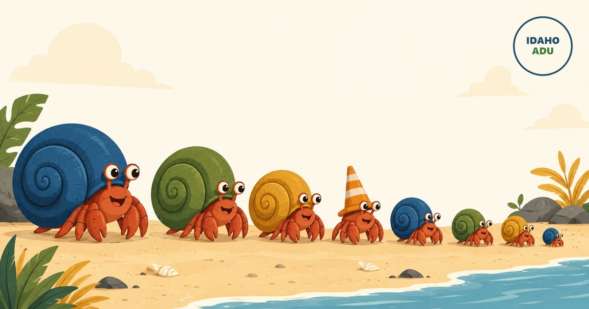 A line of cartoon hermit crabs trading snail-shell homes on a beach, one wearing an orange traffic cone