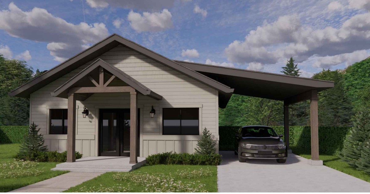 3D rendering of the ADU Residence plan, a small house with a covered entry and attached carport